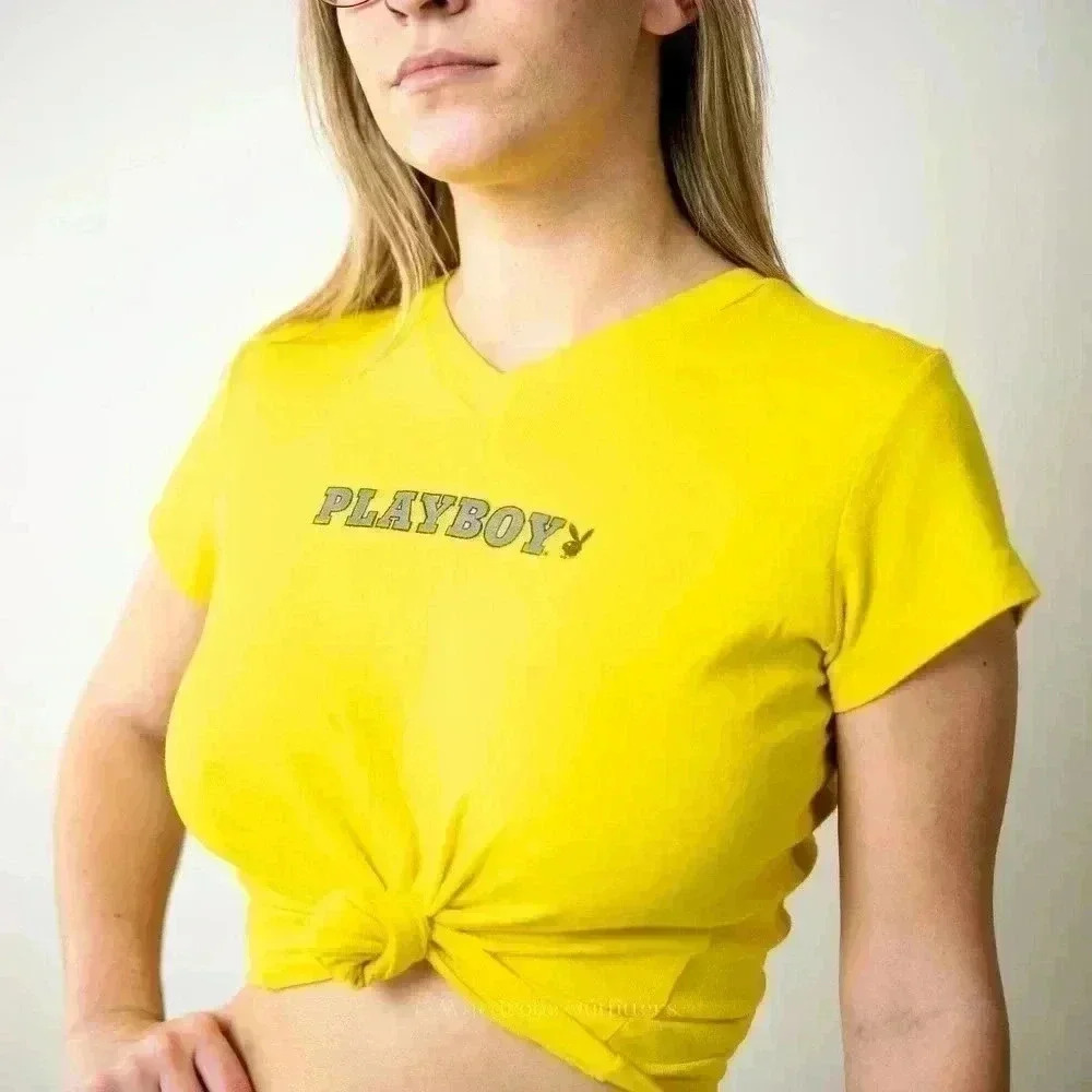 Y2K Playboy Bright Yellow Crop Top Tee Shirt - M